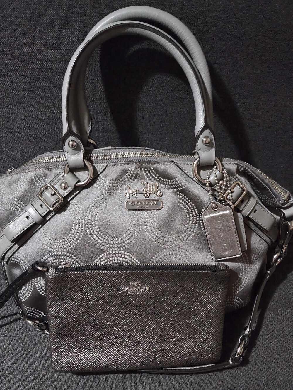 Coach Y2K 2pc Madison Grey Dotted OP Art Sophia Vintage Shoulder Bag & Wristlet